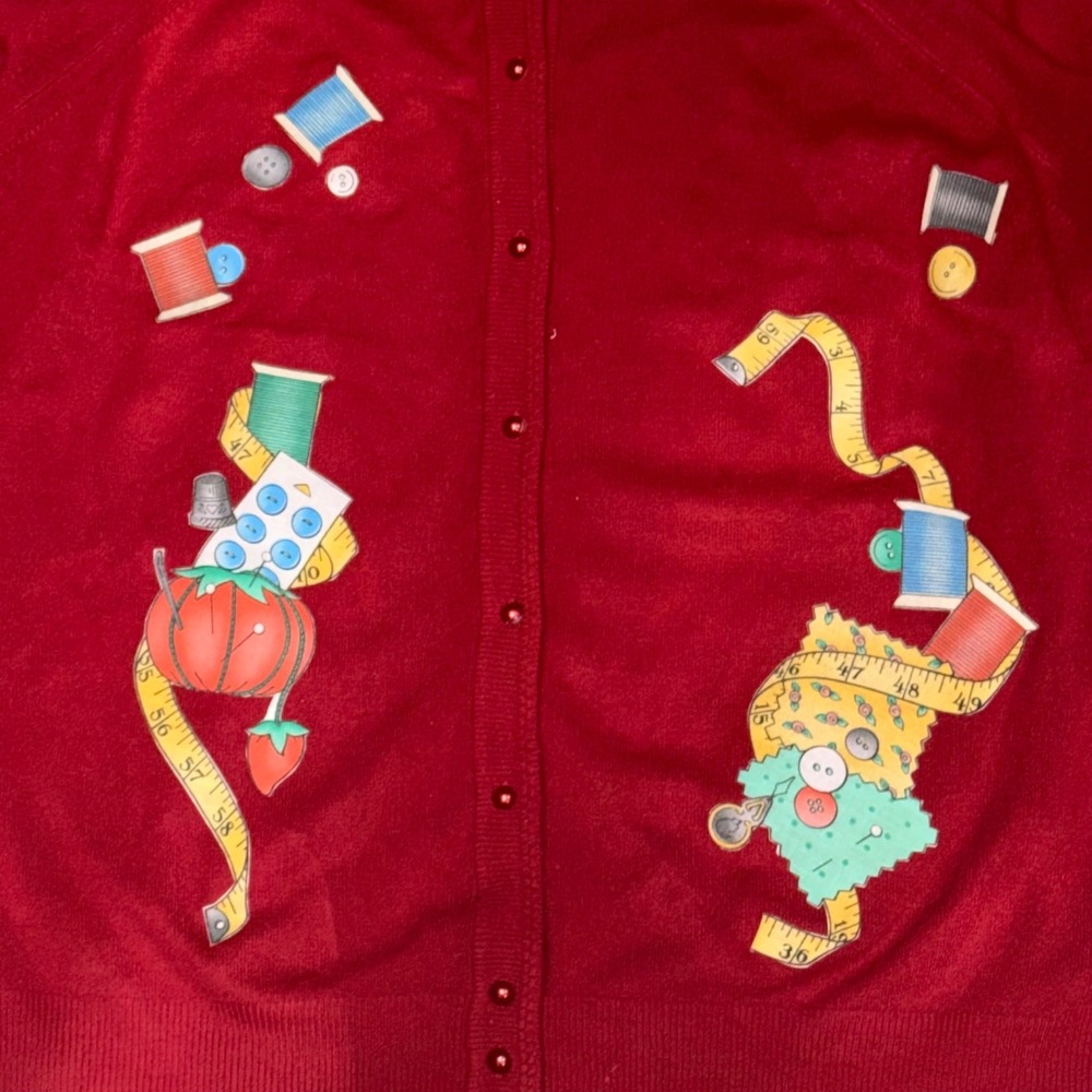 Vintage Designers Originals Sewing Novelty Cardigan Sweater Womens 44 Red Large
